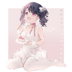 Rule 34 | 1girl, absurdres, bare shoulders, black hair, blush, cake, cake slice, collarbone, dress, eating, fang, food, fork, fukumaru koito, full body, gradient background, happy birthday, highres, holding, holding fork, holding plate, idolmaster, idolmaster shiny colors, kumano09 (yaecha0), looking at viewer, neck ribbon, no shoes, on floor, open mouth, pink ribbon, plate, purple eyes, ribbon, sitting, skin fang, smile, solo, thighhighs, thighs, twintails, wariza, white dress, white thighhighs, wrist cuffs