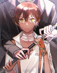 Rule 34 | 2boys, bad id, bad twitter id, bandages, brown hair, cane, character name, ecru, freckles, green eyes, holding, holding cane, male focus, multiple boys, oscar pine, professor ozpin, rwby, spoilers, suspenders, twitter username