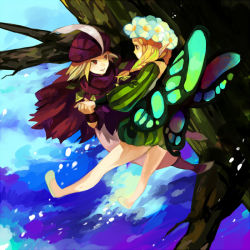 Rule 34 | 1boy, 1girl, bad id, bad pixiv id, blonde hair, braid, butterfly wings, fairy, flower, flying, hat, hat feather, hetero, holding hands, ingway (odin sphere), insect wings, kawwa, mercedes (odin sphere), odin sphere, pointy ears, puff and slash sleeves, puffy shorts, puffy sleeves, shorts, twin braids, white footwear, wings