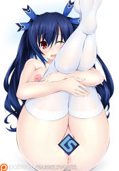 Rule 34 | black hair, blue-senpai, blush, breasts, censored, choujigen game neptune, gabriel evangel, hair ribbon, highres, looking at viewer, neptune (series), nipples, noire (neptunia), paid reward available, patreon username, red eyes, ribbon, solo, thighhighs, twintails, white background, white thighhighs