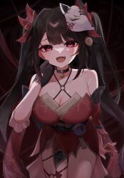 Rule 34 | 1girl, :d, bare shoulders, bell, black choker, black gloves, bow, breasts, brown hair, choker, cleavage, cowboy shot, dress, fox mask, gloves, hair bow, hair intakes, hand on own cheek, hand on own face, highres, honkai: star rail, honkai (series), large breasts, legs together, long hair, looking at viewer, mask, mask on head, mp.4 (sumi 04077), neck bell, open mouth, pelvic curtain, pink eyes, red bow, red dress, short dress, sidelocks, single glove, sleeveless, sleeveless dress, smile, solo, sparkle (honkai: star rail), teeth, thigh gap, thighs, twintails