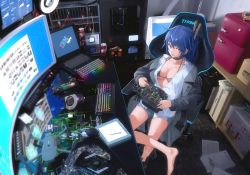 Rule 34 | absurdres, alternate costume, barefoot, blue hair, breasts, cable, chair, cleavage, commission, computer, desk, drawing tablet, girls&#039; frontline, highres, huge filesize, indoors, k11 (girls&#039; frontline), keyboard (computer), laptop, medium breasts, monitor, mouse (computer), mousepad (object), multiple monitors, nighttsound, pixiv commission, purple eyes, solo, speaker, stylus