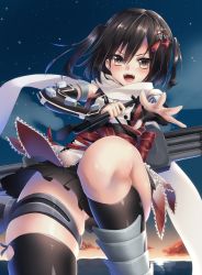 Rule 34 | 10s, 1girl, armor, armored boots, bare shoulders, black socks, boots, brown eyes, brown hair, buttons, cloud, elbow gloves, fingerless gloves, gloves, hair between eyes, hair ornament, highres, holding, horizon, kantai collection, keita (tundereyuina), kneehighs, looking at viewer, machinery, night, night sky, ocean, open mouth, pleated skirt, scar, scarf, school uniform, sendai (kancolle), sendai kai ni (kancolle), serafuku, short hair, single kneehigh, single sock, single thighhigh, skirt, sky, sleeveless, smile, socks, solo, star (sky), star (symbol), starry sky, sunrise, teeth, thighhighs, torpedo, turret, twintails, two side up, water, white scarf