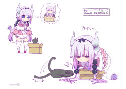 Rule 34 | 1girl, black cat, black hairband, blue eyes, blush, box, cat, child, closed eyes, commentary request, dragon girl, dragon horns, dress, gradient hair, hairband, horns, in box, in container, kanna kamui, kobayashi-san chi no maidragon, multicolored hair, no mouth, pink dress, purple hair, red footwear, solo, standing, tabayan jigokuhen, tail, thighhighs, translation request, white hair, white thighhighs