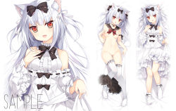 Rule 34 | 1girl, :d, animal ears, azur lane, bare shoulders, bed sheet, black bow, black choker, black sailor collar, black skirt, blush, bow, breasts, cat ears, choker, collarbone, commentary request, dakimakura (medium), dress, fang, frilled skirt, frilled thighhighs, frills, groin, hair bow, hand on own chest, hand up, head tilt, loading (verjuice), long hair, long sleeves, looking at viewer, lying, medium breasts, multiple views, navel, nipples, no shoes, nude, off-shoulder dress, off shoulder, on back, open mouth, pleated skirt, pussy, red eyes, sailor collar, sample watermark, silver hair, skirt, skirt around one leg, skirt hold, smile, socks, thighhighs, two side up, watermark, white bow, white dress, white thighhighs, wide sleeves, yukikaze (azur lane), yukikaze (sovereign of the swing) (azur lane)