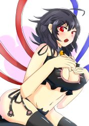 Rule 34 | &gt;:o, 1girl, :o, ahoge, angry, asymmetrical wings, bell, black hair, blush, breasts, cat lingerie, cleavage, cleavage cutout, clothing cutout, covered erect nipples, fang, highres, houjuu nue, jingle bell, large breasts, looking at viewer, md5 mismatch, meme attire, messy hair, navel, open mouth, panties, red eyes, satou rin (gobugabuge), side-tie panties, simple background, sitting, solo, thighhighs, touhou, underwear, v-shaped eyebrows, wings