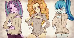 Rule 34 | 3girls, adagio dazzle, aria blaze, blue hair, blue skin, blush, breasts, cleavage, colored skin, looking at viewer, multiple girls, my little pony, my little pony: equestria girls, my little pony: friendship is magic, orange hair, ponytail, purple eyes, purple hair, purple skin, samonferrari, sonata dusk, sweater, twintails, wide hips