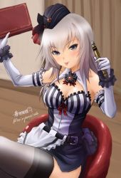 Rule 34 | 10s, 1girl, :p, apron, arm garter, belt, black dress, black thighhighs, blush, book, bow, breasts, brooch, bullet, chair, cleavage, cross, detached collar, dress, elbow gloves, frills, garrison cap, girls und panzer, gloves, grey eyes, grey hair, haruhata mutsuki, hat, hat bow, holding, holding book, indoors, itsumi erika, jewelry, large breasts, looking at viewer, md5 mismatch, sitting, solo, thighhighs, tongue, tongue out, utility belt, waitress, white gloves