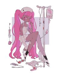 Rule 34 | 1girl, bandaged arm, bandages, bandaid, bandaid on leg, cellphone, cherry, cup, dark-skinned female, dark skin, drinking glass, female focus, food, fruit, glasses, glasses removed, hat, heart, heart-shaped eyewear, intravenous drip, long hair, long twintails, looking at viewer, matching hair/eyes, nurse cap, original, phone, pink eyes, pink hair, ronoh (jill), smartphone, solo, syringe, tongue, tongue out, twintails, white background