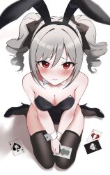 Rule 34 | 1girl, animal ears, bare shoulders, between legs, black footwear, black hairband, black leotard, black ribbon, black thighhighs, blurry, blush, bow, breasts, card, cleavage, closed mouth, collar, collarbone, detached collar, dot nose, drill hair, fake animal ears, from above, grey hair, hair bow, hair ribbon, hairband, hand between legs, high heels, highres, holding, holding card, idolmaster, idolmaster cinderella girls, idolmaster cinderella girls starlight stage, joker (playing card), kanzaki ranko, kono (116), leotard, long hair, looking at viewer, looking up, medium breasts, playboy bunny, playing card, rabbit ears, red eyes, ribbon, shadow, simple background, sitting, solo, strapless, strapless leotard, tears, thighhighs, twin drills, twintails, v arms, wariza, white background, white collar, white wrist cuffs, wrist cuffs