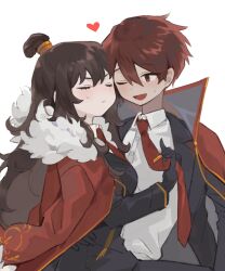 Rule 34 | 1boy, 1girl, absurdres, black jacket, blush, brown hair, cape, closed eyes, closed mouth, coat, coat on shoulders, collared shirt, couple, friedbirdchips, fur-trimmed coat, fur trim, gold trim, hair between eyes, hair bun, heart, hetero, highres, husband and wife, jacket, library of ruina, long hair, lowell (project moon), one eye closed, open mouth, project moon, red cape, red coat, red eyes, red hair, shirt, sidelocks, simple background, smile, sweat, very long hair, white background, white shirt, wing collar, xiao (project moon)