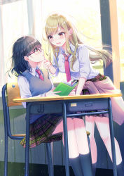Rule 34 | 2girls, backlighting, black hair, black legwear, blonde hair, blunt bangs, blush, book, breasts, brown eyes, cardigan, cardigan around waist, chair, clothes around waist, collared shirt, commentary request, desk, dress shirt, earrings, eye contact, fingernails, glasses, grabbing another&#039;s chin, hand on another&#039;s chin, highres, holding, holding book, indoors, jewelry, kashiwabara en, long hair, long sleeves, looking at another, medium breasts, multiple girls, nail polish, necktie, on chair, open book, open mouth, original, pink cardigan, plaid, plaid skirt, pleated skirt, profile, red-framed eyewear, red nails, red neckwear, red skirt, school chair, school desk, school uniform, shirt, sitting, skirt, socks, standing, sweater vest, very long hair, white shirt, window, yellow eyes, yuri