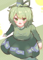 Rule 34 | 1girl, absurdres, blush, breasts, commentary, cross-laced clothes, dress, green background, green dress, green eyes, green hair, hat, highres, long sleeves, looking at viewer, open mouth, soga no tojiko, solo, takana (forsterite), tate eboshi, touhou, two-tone background, white background