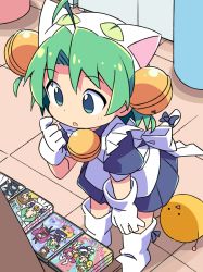 Rule 34 | 1girl, 1other, animal hat, apron, bell, cat hat, cat tail, dejiko, di gi charat, eyes visible through hair, gema, gloves, green eyes, green hair, hair bell, hair ornament, hat, highres, jingle bell, looking at object, maid, maid apron, manga (object), open mouth, ribbon, roku no hito, tail, tail ornament, tail ribbon, white gloves
