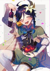 Rule 34 | 1boy, androgynous, apple, argyle, argyle clothes, argyle legwear, beret, between fingers, black hair, blue hair, blush, bottle, bow, braid, cape, character name, collared cape, collared shirt, commentary, condensation, confetti, corset, dated, english commentary, english text, flower, food, frilled sleeves, frills, fruit, genshin impact, gradient hair, green hat, green shorts, hair flower, hair ornament, happy birthday, hat, heart, highres, holding, holding bottle, holding clothes, holding hat, leaf, long sleeves, lukiarab, male focus, multicolored hair, open mouth, pantyhose, shirt, short hair with long locks, shorts, simple background, smile, solo, symbol-only commentary, twin braids, twitter username, unworn hat, unworn headwear, venti (genshin impact), white flower, white pantyhose, white shirt, wine bottle