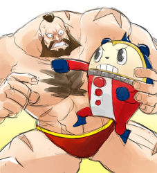 Rule 34 | 1boy, atlus, beard, capcom, commentary, crossover, facial hair, greenmarine, kuma (persona 4), mohawk, muscular, persona, persona 4, scar, sega, size difference, street fighter, topless male, zangief