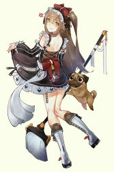 Rule 34 | 1girl, alternate costume, angry, blush, boots, bow, broom, brown eyes, brown hair, brown socks, detached sleeves, dog, dress, enmaided, fingerless gloves, from behind, girls&#039; frontline, gloves, hair bow, hair ornament, heart, holding, holding broom, holding clothes, holding dress, knee boots, kneehighs, long hair, looking at viewer, looking back, maid, maid headdress, mania (fd6060 60), one side up, open mouth, scar, scar across eye, scar on face, shaded face, shoulder blades, simple background, smile, socks, solo, ump45 (girls&#039; frontline)
