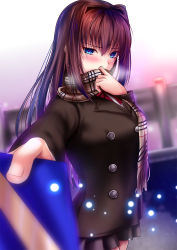 Rule 34 | 1girl, akeyama kitsune, aozaki aoko, black skirt, blazer, blue eyes, blush, box, brown hair, brown jacket, buttons, commentary request, covering own mouth, gift, gift box, hair between eyes, hair intakes, holding, holding gift, jacket, light particles, long hair, long sleeves, looking at viewer, mahou tsukai no yoru, miniskirt, neck ribbon, outstretched arm, plaid, plaid scarf, pov, reaching, reaching towards viewer, red ribbon, ribbon, scarf, school uniform, skirt, solo, uniform, valentine