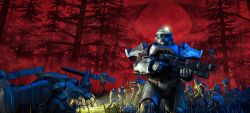 Rule 34 | 6+boys, fallout (series), fallout 76, gun, headlamp, highres, holding, holding gun, holding weapon, looking at viewer, multiple boys, official art, outdoors, power armor (fallout), red sky, sky, solo focus, tree, vertibird, weapon, weapon request, wreckage