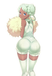 Rule 34 | 1girl, arched back, ass, bad id, bad pixiv id, bare shoulders, bent over, bindi, blue eyes, braid, buttons, cameltoe, dark-skinned female, dark skin, double bun, expressionless, facial mark, forehead mark, from behind, green hair, gundam, gundam g no reconguista, hair bun, halterneck, hizuki akira, holding, kneepits, leaning forward, looking at viewer, looking back, pom pom (cheerleading), raraiya monday, revision, short hair, short jumpsuit, simple background, solo, standing, thighhighs, twin braids, unitard, white background, white hair, white thighhighs, zettai ryouiki