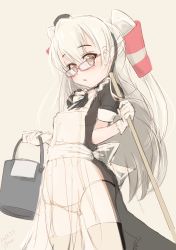 Rule 34 | 1girl, alternate costume, amatsukaze (kancolle), apron, blush, breasts, dated, enmaided, fyuo, glasses, gloves, grey background, hair between eyes, highres, kantai collection, long hair, looking at viewer, maid, maid apron, maid headdress, one-hour drawing challenge, open mouth, panties, red-framed eyewear, see-through, simple background, small breasts, solo, thighhighs, twintails, twitter username, two side up, underwear, white gloves, white hair, white panties, yellow eyes