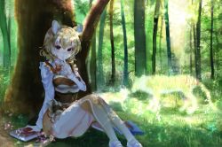 Rule 34 | 10s, 1girl, absurdres, animal ears, bad id, bad pixiv id, blonde hair, blush, book, bow, bowtie, brown eyes, commentary, day, finger to mouth, forest, grass, highres, kemono friends, looking at viewer, nature, noah (noxxxmo), outdoors, panties, panty peek, shade, shoes, short hair, shushing, silhouette, sitting, solo, thighhighs, thylacine (kemono friends), thylacine ears, thylacine tail, tree, under tree, underwear, white footwear, white panties