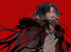 1boy absurdres black_coat black_hair blood blood_on_face chinese_clothes coat fate/grand_order fate_(series) fur-trimmed_coat fur_trim grey_eyes hair_between_eyes hand_up high_collar highres long_hair long_sleeves looking_to_the_side male_focus mina_si_suowaya open_mouth red_background simple_background sketch smile solo taigong_wang_(fate)