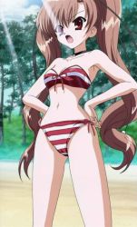 Rule 34 | 00s, 1girl, bikini, brown hair, day, h2o footprints in the sand, highres, long hair, non-web source, outdoors, red eyes, screencap, solo, stitched, swimsuit, tabata yui, third-party edit, twintails