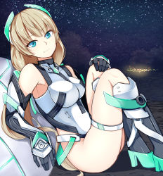 Rule 34 | 1girl, against wall, angela balzac, arm support, armor, armpits, bare shoulders, black gloves, blonde hair, blue eyes, bodysuit, boots, breasts, cityscape, closed mouth, desert, elbow gloves, from side, full body, gloves, glowing, halterneck, hand on own knee, head tilt, headgear, high heels, highleg, highleg leotard, highres, ichifuji nitaka (phase nine), impossible clothes, impossible leotard, knee boots, knees up, leaning back, legs up, leotard, light smile, lights, long hair, looking at viewer, low twintails, night, night sky, on ground, outdoors, pilot suit, rakuen tsuihou, shadow, sitting, sky, smile, solo, star (sky), starry sky, thigh strap, turtleneck, twintails, very long hair