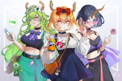 Rule 34 | 3girls, absurdres, alternate costume, artist name, backwards hat, bag, barcode, baseball cap, belt, blue bow, blush, bow, breasts, can, candy, cellphone, chain, chinese commentary, choker, claw pose, clothing request, commentary, crop top, dated, detached collar, dingzi, dragon girl, dragon horns, dress, drinking straw, ear piercing, earrings, elma (maidragon), fang, fanta, food, glasses, hair between eyes, hair ornament, hairclip, hand in pocket, handbag, hat, highres, holding, holding can, holding candy, holding food, holding phone, horns, horns through headwear, jewelry, charm (object), kobayashi-san chi no maidragon, large breasts, line (naver), lollipop, long hair, looking at viewer, looking over eyewear, lucoa (maidragon), medium breasts, midriff, midriff peek, multiple girls, one eye closed, orange eyes, orange hair, phone, piercing, puffy sleeves, red bow, shirt, short hair, sidelocks, signature, simple background, single horn, slit pupils, smartphone, smile, sticker, studded choker, tohru (maidragon), twintails