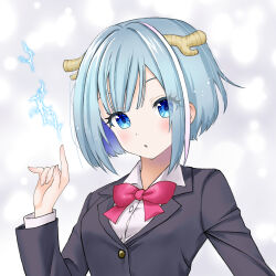 Rule 34 | 1girl, black jacket, blue eyes, blue hair, blush, bow, buttons, catsox, dot nose, electricity, grey background, hair intakes, hand up, highres, hisame (karekore), jacket, konketsu no karekore, light blue hair, light particles, looking at viewer, multicolored hair, parted lips, red bow, school uniform, shirt, short hair, simple background, small horns, solo, streaked hair, two-tone hair, upper body, white hair, white shirt