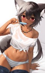Rule 34 | 1girl, absurdres, animal ear fluff, animal ears, black hair, blush, breasts, clothes pull, crop top, dark-skinned female, dark skin, food, hair between eyes, highres, holding, holding food, jewelry, long hair, looking at viewer, mathew (srmmk mce), midriff, navel, necklace, on bed, open mouth, original, panties, popsicle, red eyes, short sleeves, simple background, sitting, small breasts, solo, striped clothes, striped panties, sweat, tail, tongue, tongue out, underwear, very long hair, white background
