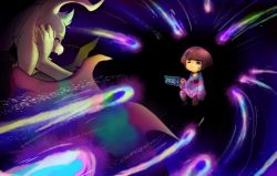 Rule 34 | 1boy, alternate form, androgynous, asriel dreemurr, blood, blood on face, boots, brown hair, bruise, bruised eye, closed eyes, crying, energy beam, english text, frisk (undertale), furry, furry male, gameplay mechanics, glowing, heart, highres, injury, magic, raikissu, sitting, spoilers, striped clothes, striped sweater, sweater, tears, undertale, wince