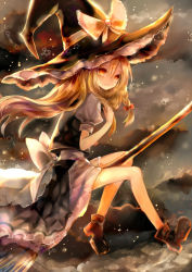 Rule 34 | 1girl, bad id, bad pixiv id, blonde hair, bow, braid, broom, faux traditional media, hair bow, hair ribbon, hanchan, hat, kirisame marisa, long hair, looking at viewer, parted lips, ribbon, riding, shoes, single braid, sitting, solo, touhou, witch hat, yellow eyes