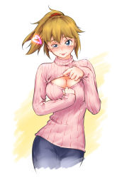 Rule 34 | 10s, 1girl, :p, breasts, cleavage, gundam, gundam build fighters, gundam build fighters try, half-closed eye, heart, hoshino fumina, jinbao zhaobo, large breasts, meme attire, naughty face, open-chest sweater, ponytail, ribbed sweater, simple background, solo, sweater, tongue, tongue out, turtleneck, uneven eyes