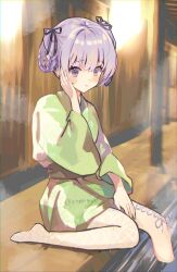 Rule 34 | 1girl, absurdres, alternate costume, amiya aranha, blush, braided hair rings, commentary, commission, english commentary, fishnet pantyhose, fishnets, green robe, hair behind ear, hair rings, highres, hokuhoku@, indie virtual youtuber, pantyhose, purple hair, purple ribbon, ribbon, robe, second-party source, single leg pantyhose, sitting, skeb commission, smile, solo, steam, twitter username, virtual youtuber, white pantyhose