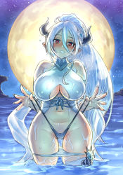 Rule 34 | 10s, 1girl, bare shoulders, bikini, bikini pull, blush, breath, bright pupils, cameltoe, cleft of venus, clothes pull, clothing cutout, covered erect nipples, cross-laced clothes, draph, fingernails, flower, frontal wedgie, full moon, granblue fantasy, hair between eyes, hair flower, hair ornament, horns, hug, izmir, izmir (summer) (granblue fantasy), long fingernails, long hair, mimonel, moon, multi-strapped bikini, navel, night, outdoors, outstretched hand, pointy ears, ponytail, red eyes, single thighhigh, smile, solo, strap lift, swimsuit, thighhighs, underboob cutout, very long hair, wading, wedgie, wet, white hair, wide hips