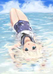 Rule 34 | 1girl, absurdres, beach, blonde hair, blue eyes, commentary request, crop top, flower, fyuo, hair flower, hair ornament, highres, kantai collection, long hair, looking at viewer, lying, ocean, on back, one-piece swimsuit, open mouth, partially submerged, ro-500 (kancolle), sailor collar, school swimsuit, school uniform, solo, swimsuit, swimsuit under clothes, tan, water