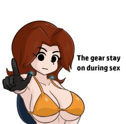 Rule 34 | 1girl, :|, bare shoulders, bikini, black eyes, black gloves, breasts, brown hair, cleavage, closed mouth, collarbone, dodo-bot, english text, expressionless, eyelashes, gloves, glowing, hair intakes, large breasts, looking at viewer, medium hair, mii (nintendo), mii gunner, nintendo, orange bikini, outstretched arm, pointing, pointing at viewer, simple background, solid eyes, solo, super smash bros., swimsuit, upper body, white background