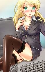 Rule 34 | 1girl, aqua eyes, black jacket, blonde hair, blush, breasts, brown thighhighs, cleavage, commentary request, formal, highres, jacket, kentap, keyboard (computer), large breasts, monitor, mouse (computer), office lady, original, ponytail, shirt, sitting, skirt, skirt suit, solo, suit, thighhighs, white shirt