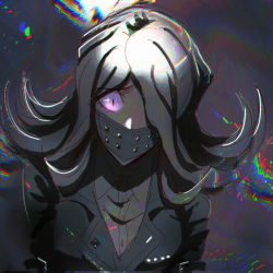 Rule 34 | 1girl, black jacket, breasts, collared shirt, crossed arms, danganronpa (series), danganronpa 3 (anime), dated commentary, dress shirt, flipped hair, glowing, glowing eye, gradient background, grey background, grey hair, hair over one eye, jacket, kimura seiko, large breasts, long hair, mask, mouth mask, multicolored background, purple eyes, qosic, shirt, slit pupils, solo, upper body