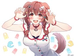Rule 34 | 14 (vision5032), 1girl, :d, animal ears, blush, bone hair ornament, braid, breasts, brown hair, claw pose, cleavage, collar, collarbone, commentary, disembodied limb, dog ears, dog girl, dog hair ornament, dog tail, dress, english commentary, fangs, hair between eyes, hair ornament, heart, heart hair ornament, highres, hololive, hoso-inu, inugami korone, inugami korone (1st costume), listener (inugami korone), looking at viewer, medium breasts, medium hair, mixed-language commentary, nail polish, open hands, open mouth, paw hair ornament, red collar, red eyes, simple background, sleeveless, sleeveless dress, smile, solo, star (symbol), star hair ornament, tail, teeth, twin braids, twitter username, upper body, upper teeth only, virtual youtuber, white background, white dress, wristband, x hair ornament, yellow nails