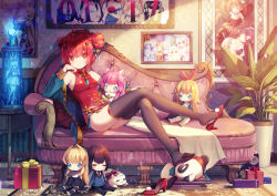 Rule 34 | 1girl, ahoge, ass, bad id, bad pixiv id, bare shoulders, bell, blonde hair, blue eyes, blue jacket, blush, book, book stack, box, brown hair, brown thighhighs, character doll, character request, china dress, chinese clothes, closed mouth, commentary, couch, crossed legs, delores (mvv), double bun, dress, english commentary, feet, gift, gift box, hair bell, hair between eyes, hair bun, hair ornament, hairclip, high heels, highres, indoors, jacket, jingle bell, long hair, long sleeves, mvv, on couch, open clothes, open jacket, original, painting (object), picture frame, pink hair, plant, potted plant, puffy long sleeves, puffy sleeves, red dress, red eyes, red footwear, red hair, shoe dangle, shoes, unworn shoes, short dress, short hair, side bun, signature, single shoe, sleeveless, sleeveless dress, smile, solo, star-shaped pupils, star (symbol), stuffed animal, stuffed panda, stuffed toy, symbol-shaped pupils, thighhighs, tile floor, tiles, very long hair, vivian (mvv)