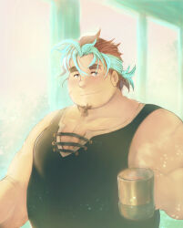 Rule 34 | 1boy, absurdres, bara, beard, black tank top, blush, cross-laced slit, cross scar, cup, facial hair, fat, fat man, goatee, headband, highres, holding, holding cup, huge eyebrows, large pectorals, live a hero, long beard, looking at viewer, male focus, medium hair, mug, multicolored hair, mustache stubble, pectoral cleavage, pectorals, scar, solo, streaked hair, stubble, sunlight, tank top, thick arms, tied beard, upper body, yuhang (live a hero), zen mon dou