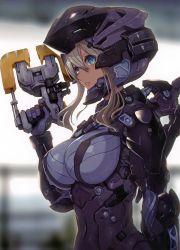 Rule 34 | 1girl, absurdres, armor, blonde hair, blue eyes, bodysuit, breasts, dead space, gun, helmet, highres, holding, holding gun, holding weapon, huge filesize, large breasts, looking at viewer, nidy, parted lips, plasma cutter, power armor, scan, short hair, sidelocks, skin tight, solo, third-party source, weapon