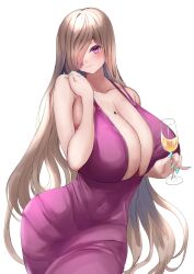 Rule 34 | 1girl, absurdres, amemiya arikapu, aqua nails, blush, breasts, champagne flute, cleavage, collarbone, copyright request, cup, dress, drinking glass, hair over one eye, highres, huge breasts, long hair, looking at viewer, mole, mole on breast, mole under eye, nail polish, purple dress, purple eyes, simple background, smile, solo, standing, white background