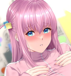 Rule 34 | 1girl, blue eyes, blush, bocchi the rock!, breasts, cube hair ornament, gotoh hitori, hair between eyes, hair ornament, jacket, large breasts, long hair, long sleeves, looking at viewer, one side up, parted lips, pink hair, pink jacket, solo, track jacket, zucchini