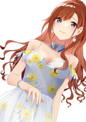 Rule 34 | 1girl, absurdres, arisugawa natsuha, blue nails, blush, bracelet, breasts, brown hair, cleavage, commentary request, dress, earrings, floral print, grey eyes, highres, idolmaster, idolmaster shiny colors, jewelry, long hair, looking at viewer, medium breasts, megurumiru, multicolored nails, multicolored nails, nail polish, print dress, sleeveless, sleeveless dress, smile, solo, spaghetti strap, white background, white dress, white nails