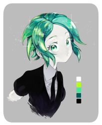 Rule 34 | absurdres, androgynous, collared shirt, color guide, colored skin, cropped torso, gender request, green hair, grey background, highres, houseki no kuni, looking at viewer, necktie, other focus, perico, phosphophyllite, shirt, short hair, simple background, solo, sparkle, white skin, wing collar