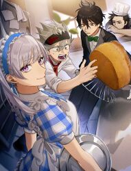 Rule 34 | 1girl, 3boys, apron, asta (black clover), black clover, black hair, black headband, black suit, blue headband, bow, bowtie, chef hat, closed mouth, collared shirt, formal, frilled apron, frilled hairband, frills, gen me, green bow, green bowtie, grey hair, hairband, hat, headband, highres, looking at viewer, low twintails, multiple boys, necktie, noelle silva, official alternate costume, open mouth, purple eyes, red necktie, shirt, short hair, smile, suit, twintails, waitress, white shirt, yami sukehiro, yellow eyes, yuno (black clover)
